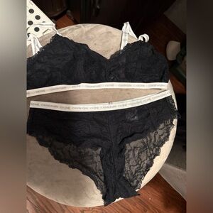 Calvin Klein Black Lace Bralette and panties with White Straps